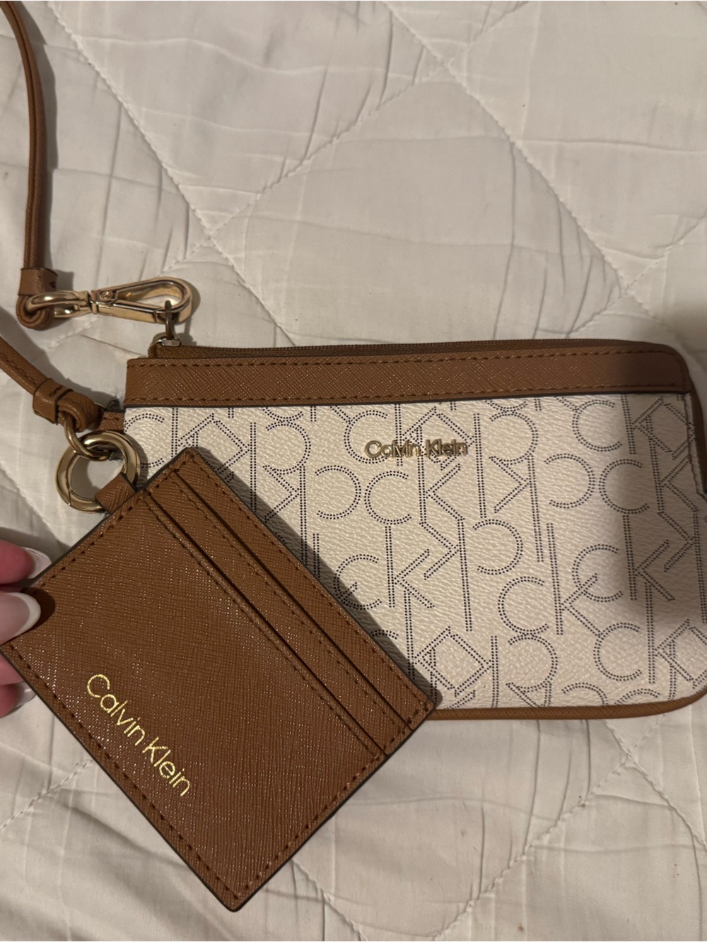 Calvin Klein Cream & Brown Logo Wristlet with Card Holder